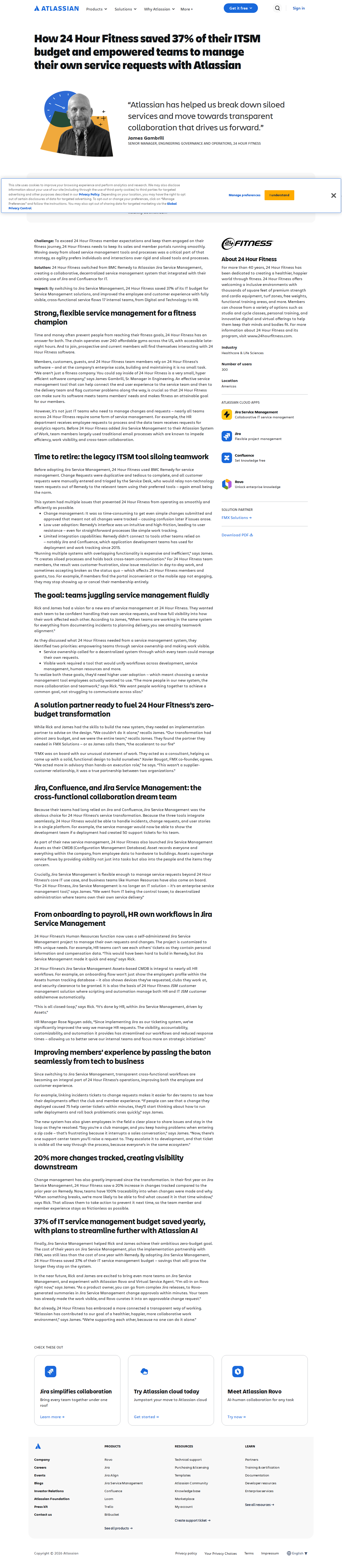 Screenshot of Atlassian x 24 Hour Fitness, 37% ITSM budget cut by ditching BMC Remedy
