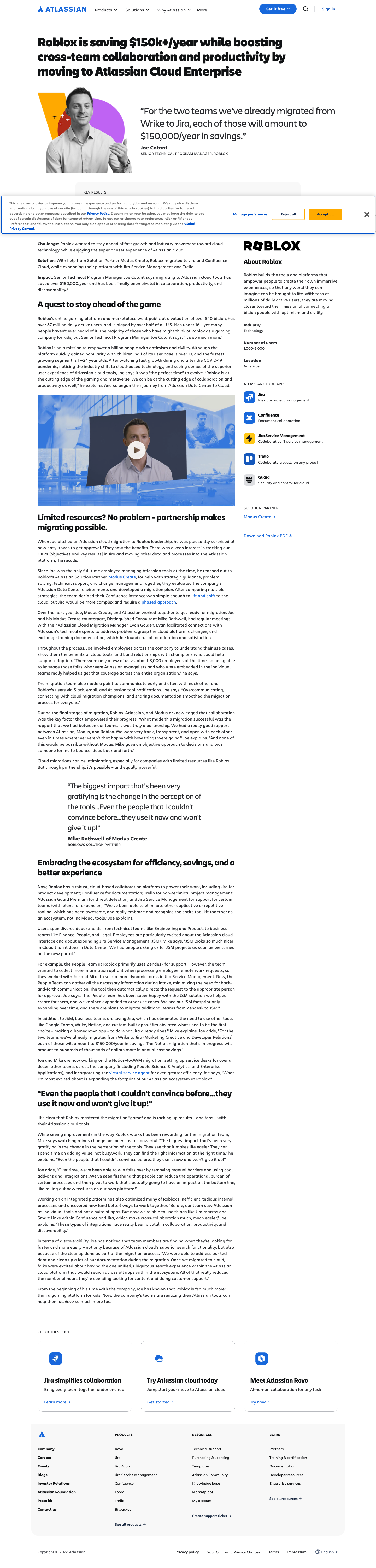 Screenshot of Atlassian × Roblox — surviving a cloud migration, $150K saved
