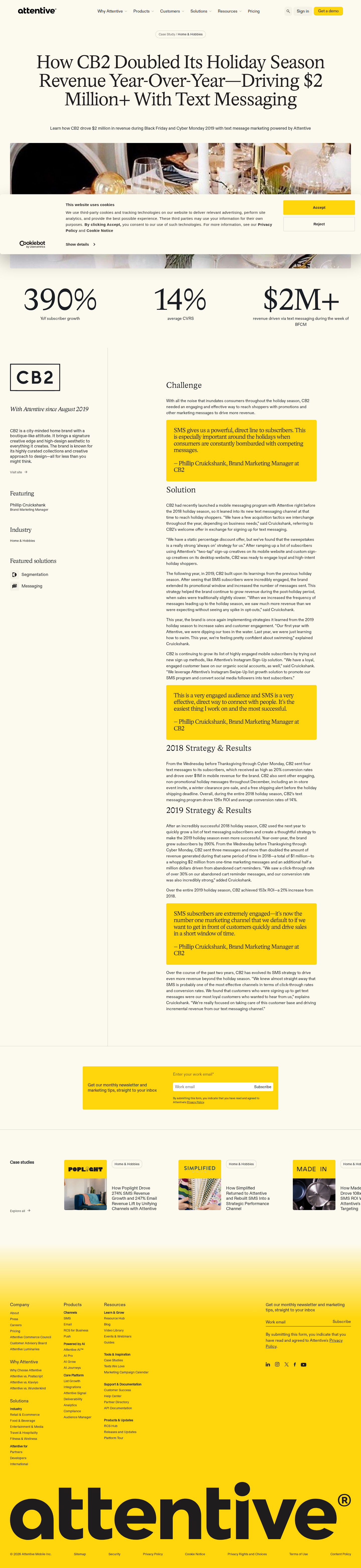 Screenshot of Attentive x CB2, doubling holiday revenue year-over-year with SMS
