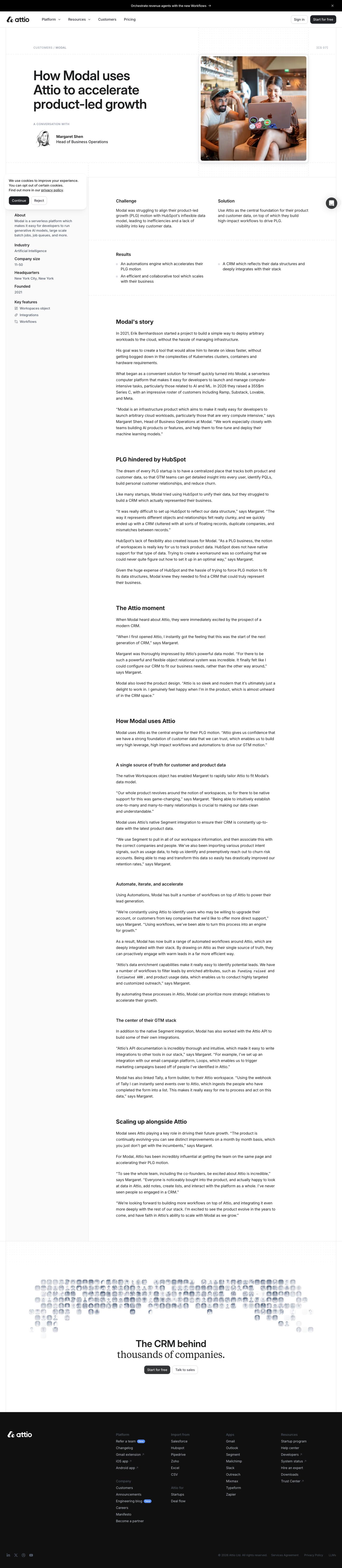 Screenshot of Attio × Modal — leaving HubSpot for a product-led CRM