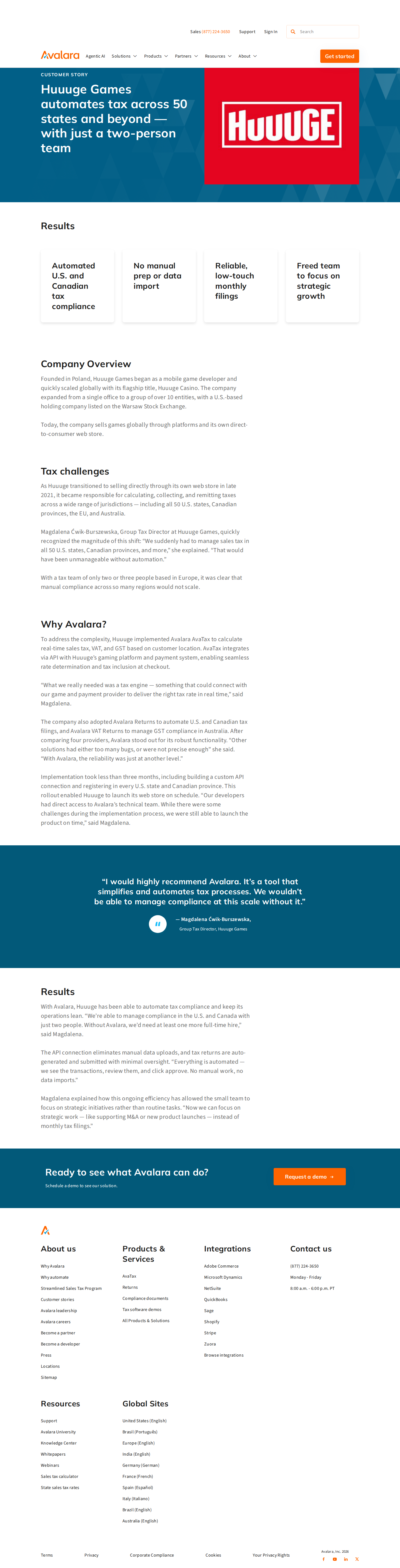 Screenshot of Avalara x Huuuge Games, 50-state tax compliance with a two-person team