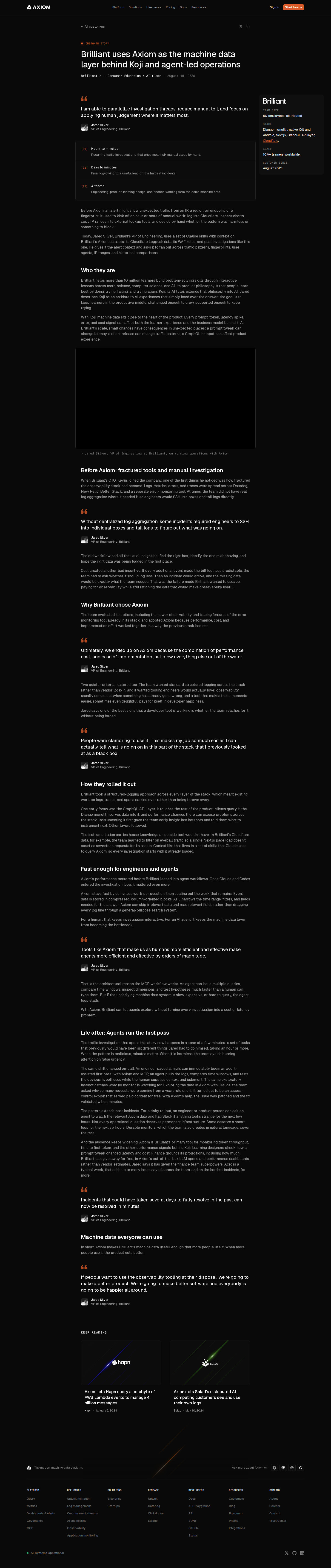 Screenshot of Axiom x Brilliant, from hour-long manual investigations to agent-led minutes
