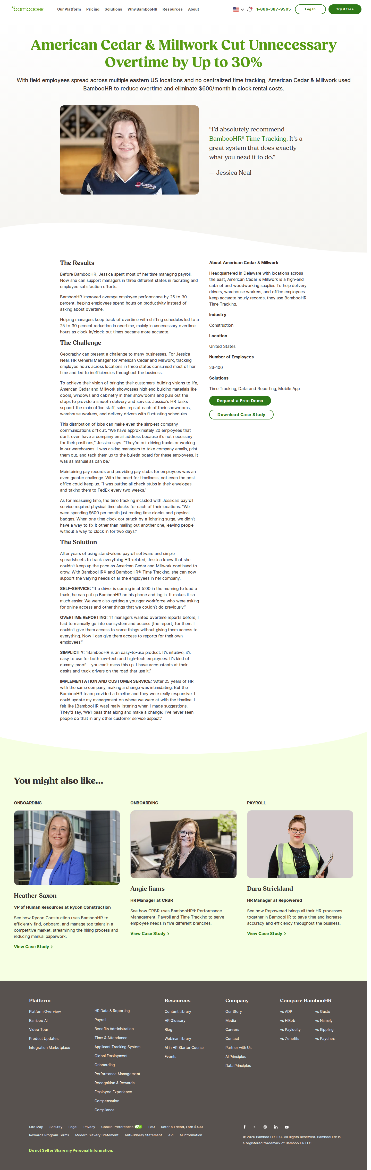 Screenshot of BambooHR x American Cedar & Millwork, eliminating overtime waste across three states