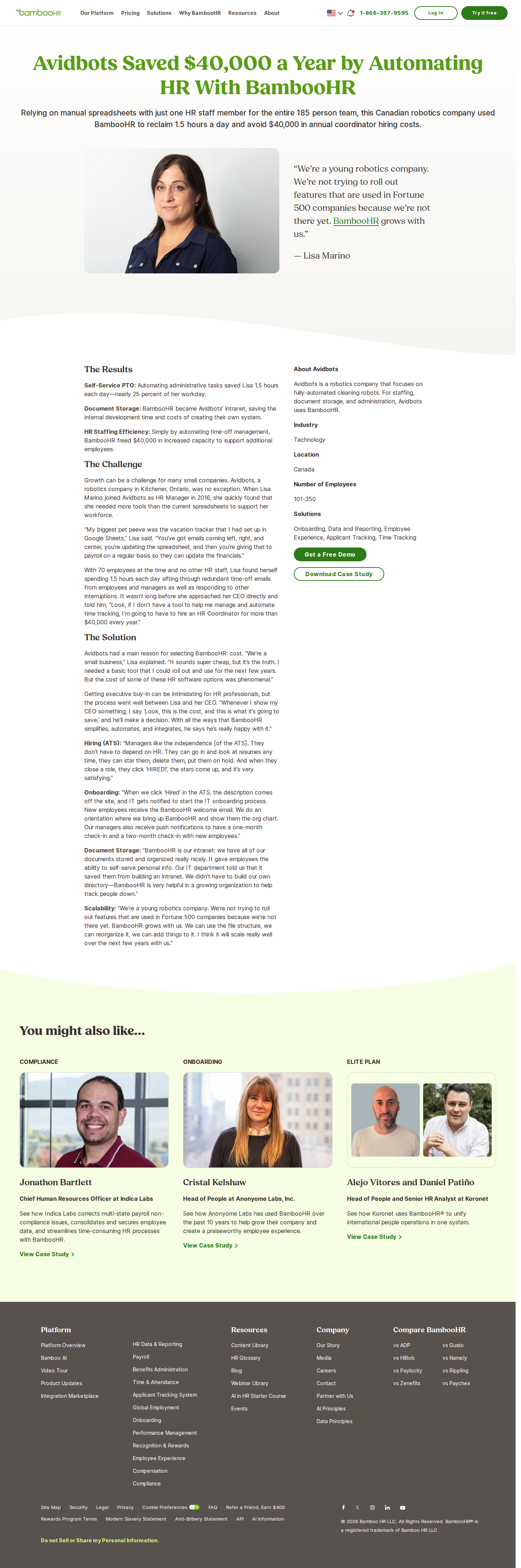 Screenshot of BambooHR x Avidbots, $40K saved by replacing spreadsheets with automation