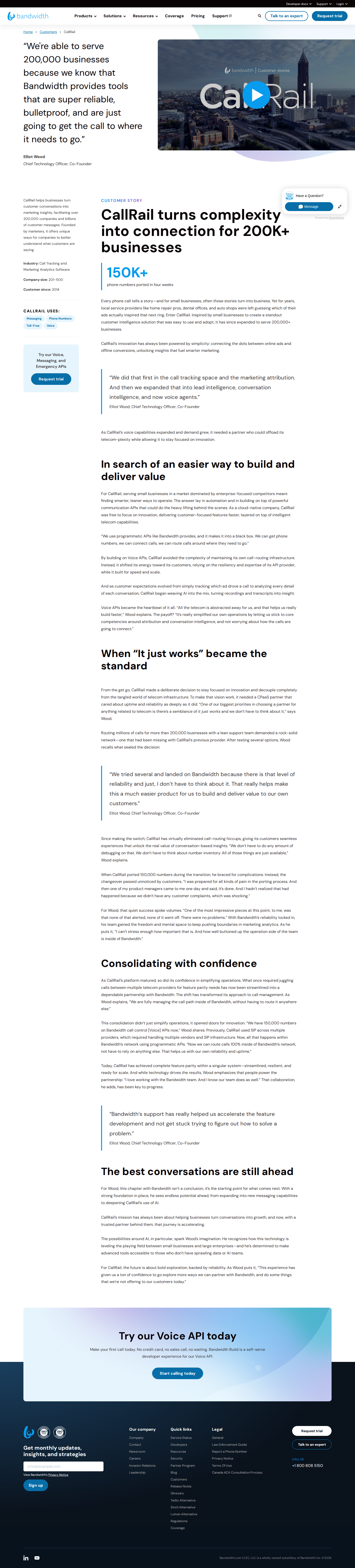 Screenshot of Bandwidth x CallRail, 150K numbers ported without a single complaint