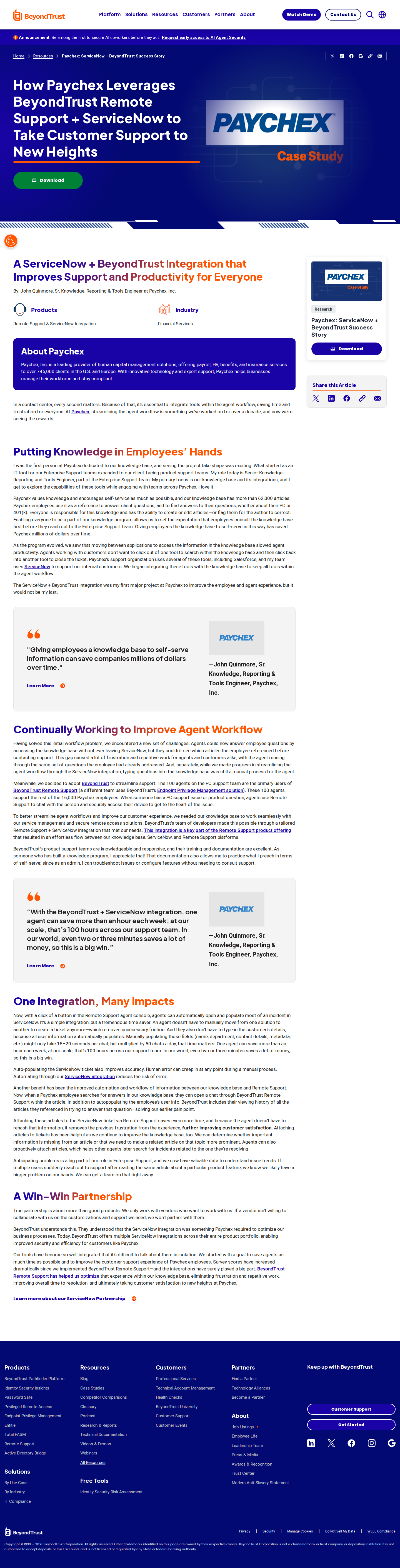 Screenshot of BeyondTrust x Paychex, 100 hours saved weekly through ServiceNow integration