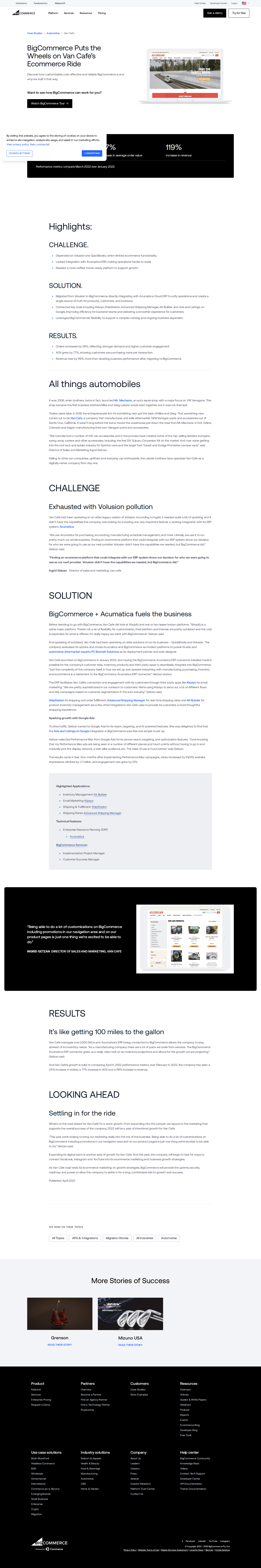 Screenshot of BigCommerce x Van Cafe, 119% revenue lift after Volusion exit