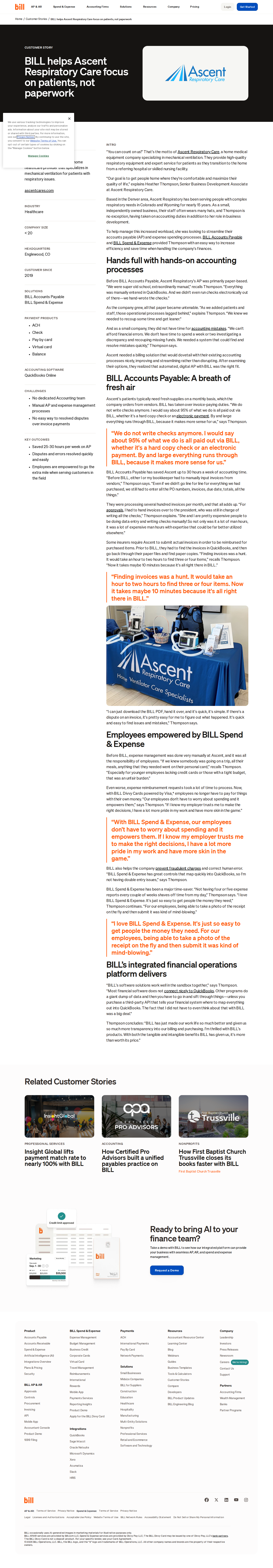 Screenshot of BILL x Ascent Respiratory Care, 30 hours a week back from paper-based AP