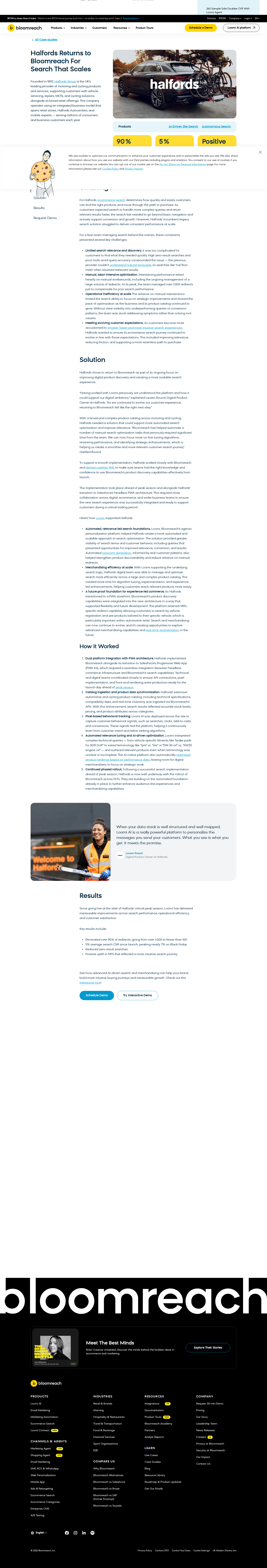 Screenshot of Bloomreach x Halfords, 90% fewer redirects and 5% search CVR at peak