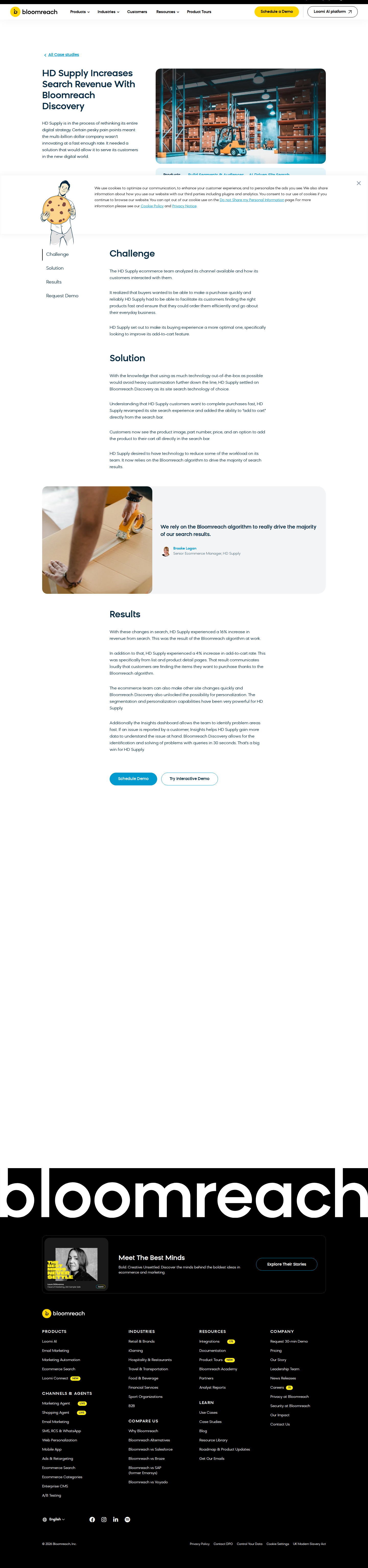 Screenshot of Bloomreach x HD Supply, search revenue up 16% with AI-driven discovery