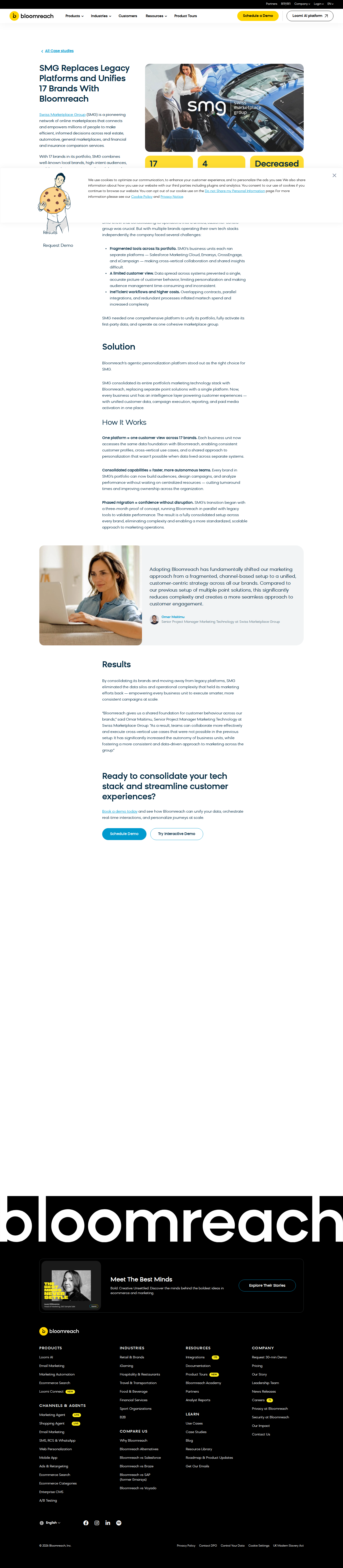 Screenshot of Bloomreach x Swiss Marketplace Group, 17 brands unified by replacing 4 legacy platforms