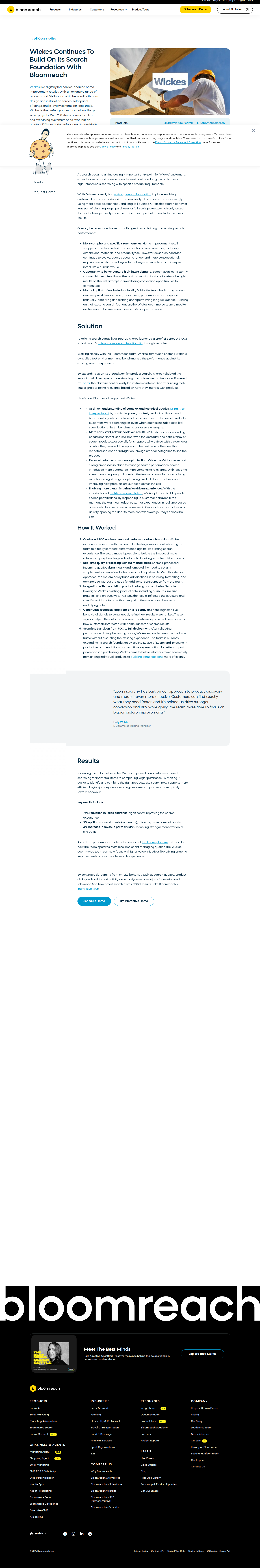 Screenshot of Bloomreach x Wickes, AI search cuts failed searches by 76%