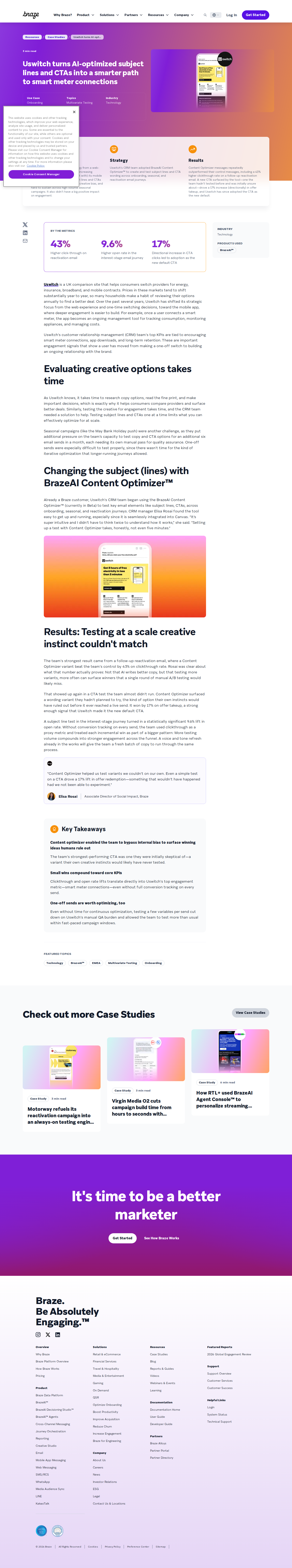 Screenshot of Braze x Uswitch, AI copy testing beats creative instinct by 43%