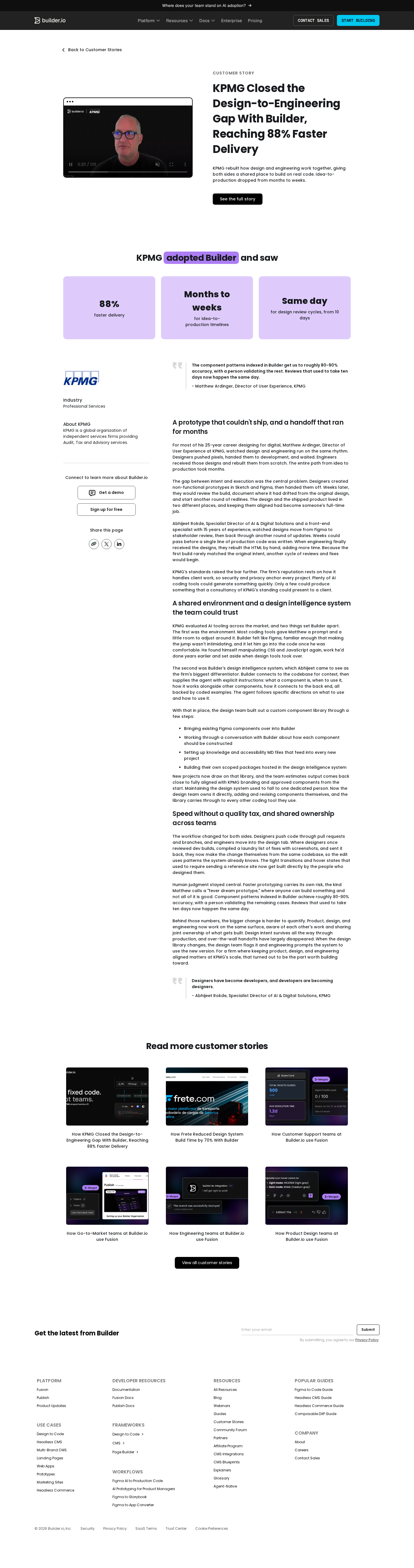 Screenshot of Builder.io x KPMG, closing the design-to-engineering gap at 88% faster delivery