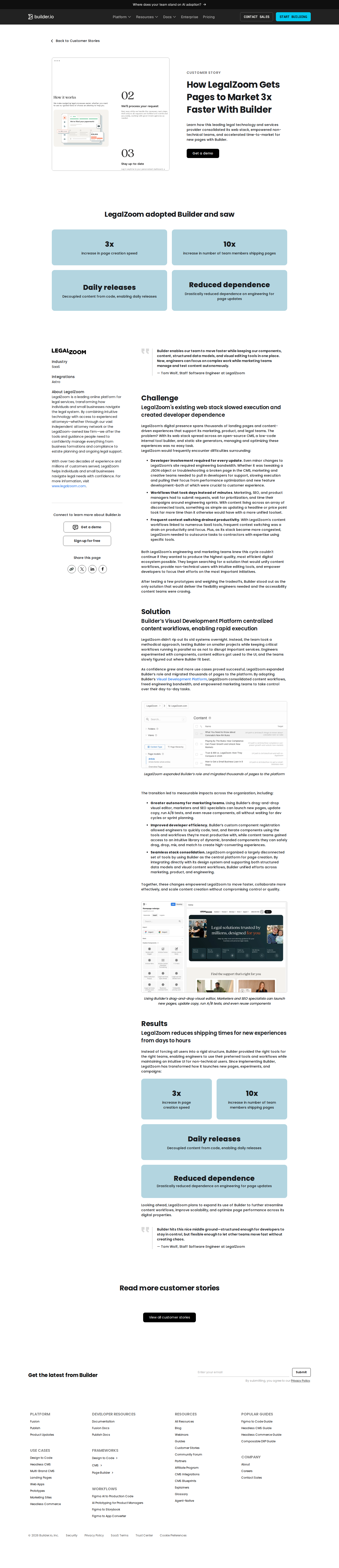 Screenshot of Builder.io x LegalZoom: Pages shipped 3x faster without engineering