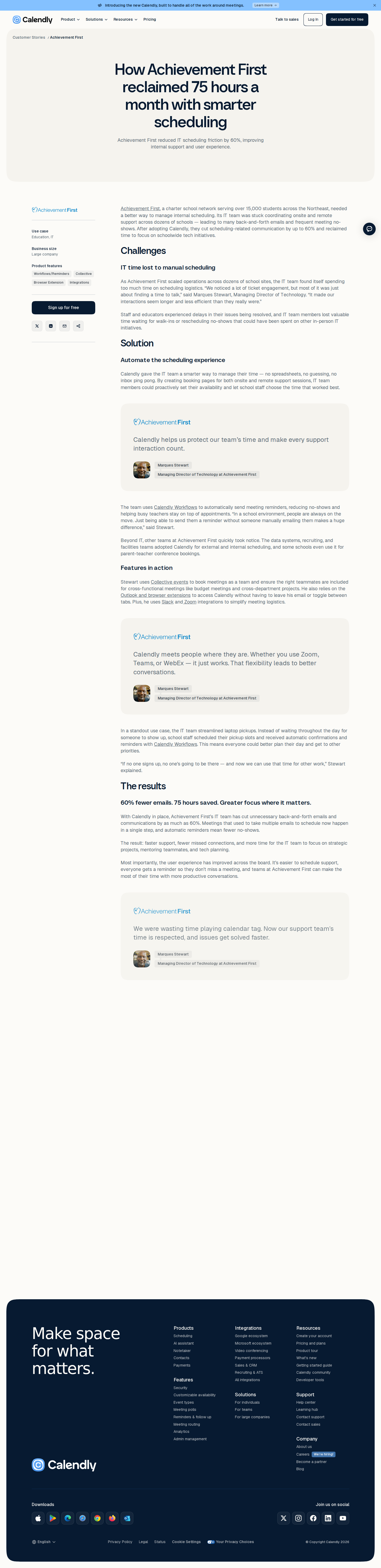 Screenshot of Calendly x Achievement First, 75 hours reclaimed through smarter scheduling