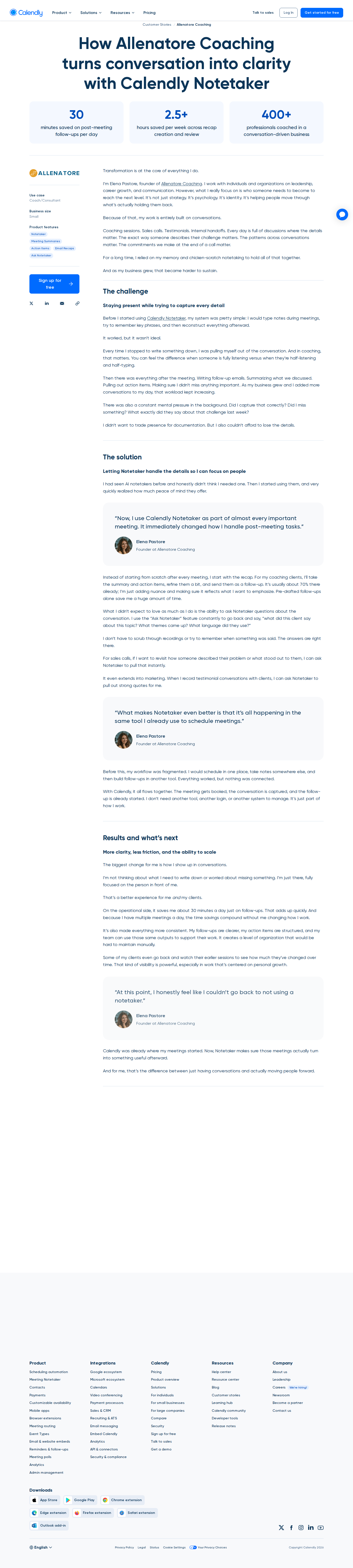 Full screenshot of Calendly x Allenatore Coaching, AI notetaking frees a coach to stay present