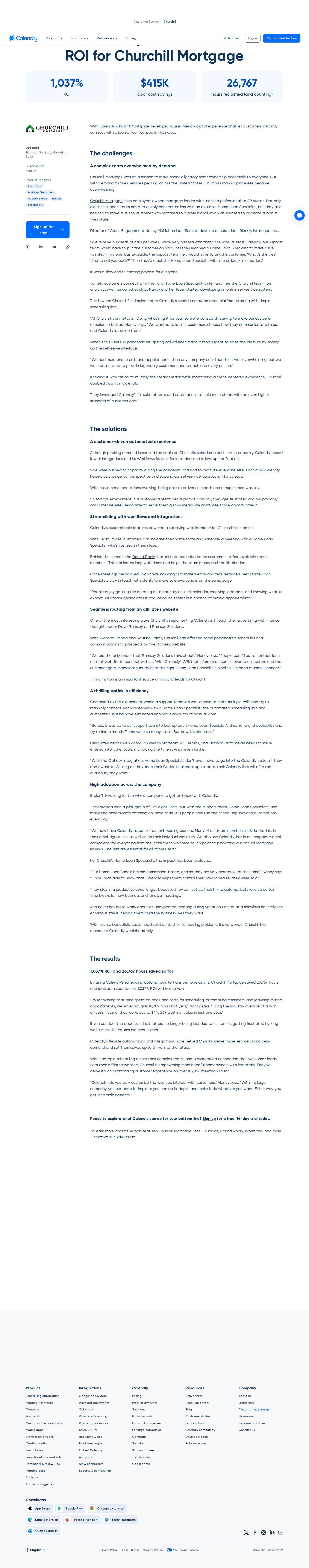 Full screenshot of Calendly x Churchill Mortgage, 26,767 hours reclaimed through scheduling automation