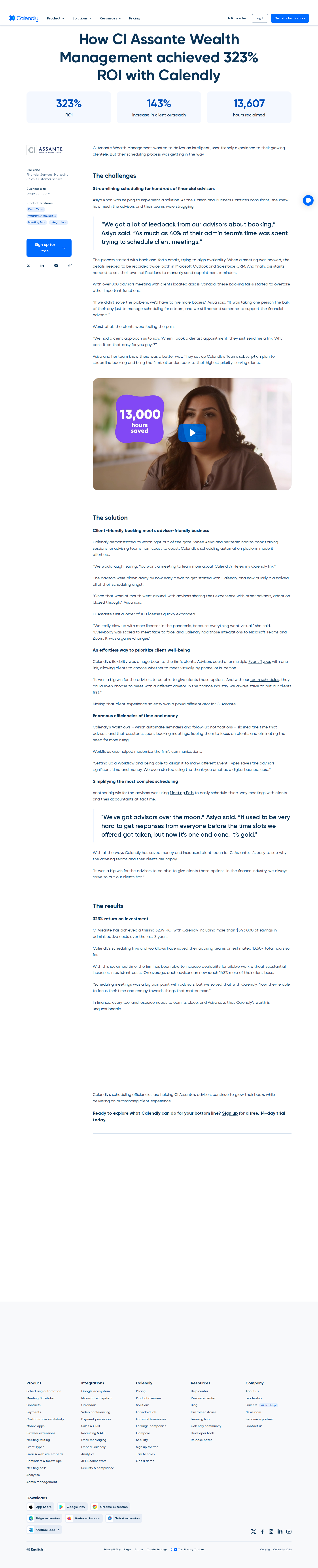 Full screenshot of Calendly x CI Assante, scheduling bottleneck freed 13,607 hours and 323% ROI