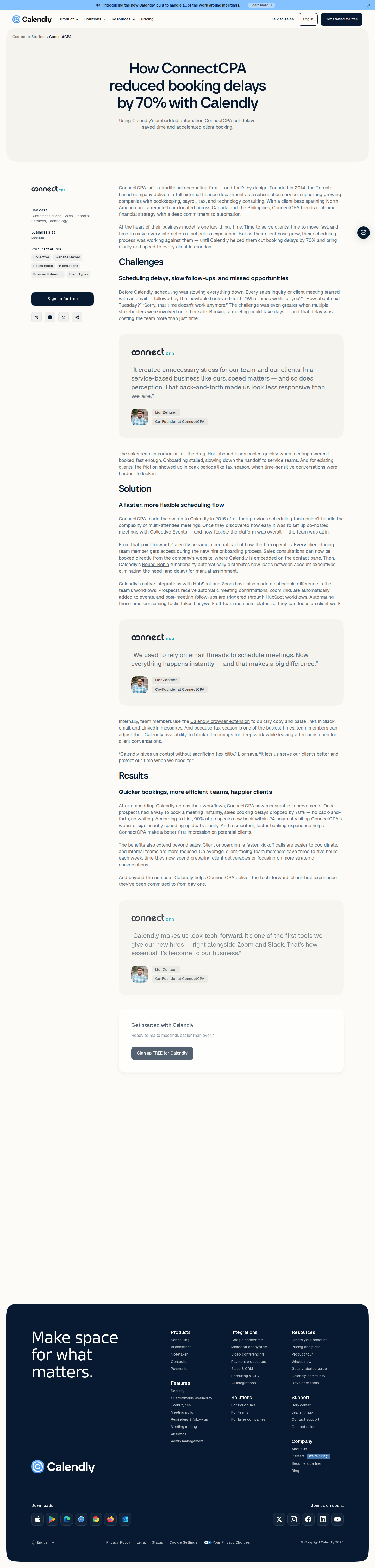 Screenshot of Calendly x ConnectCPA, 70% fewer booking delays for a subscription accounting firm