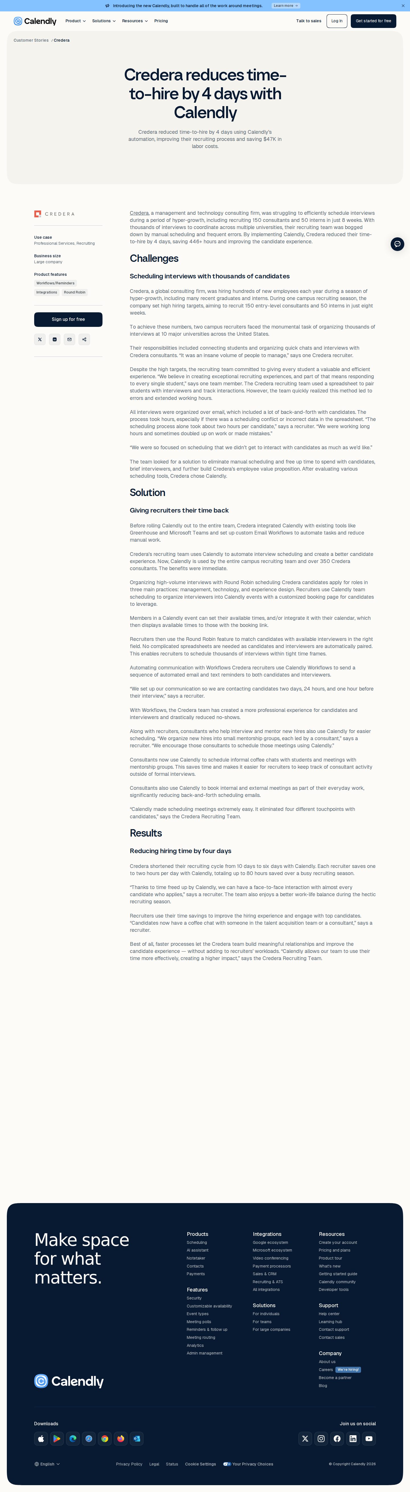 Screenshot of Calendly x Credera: 4 days faster to hire, $47K saved
