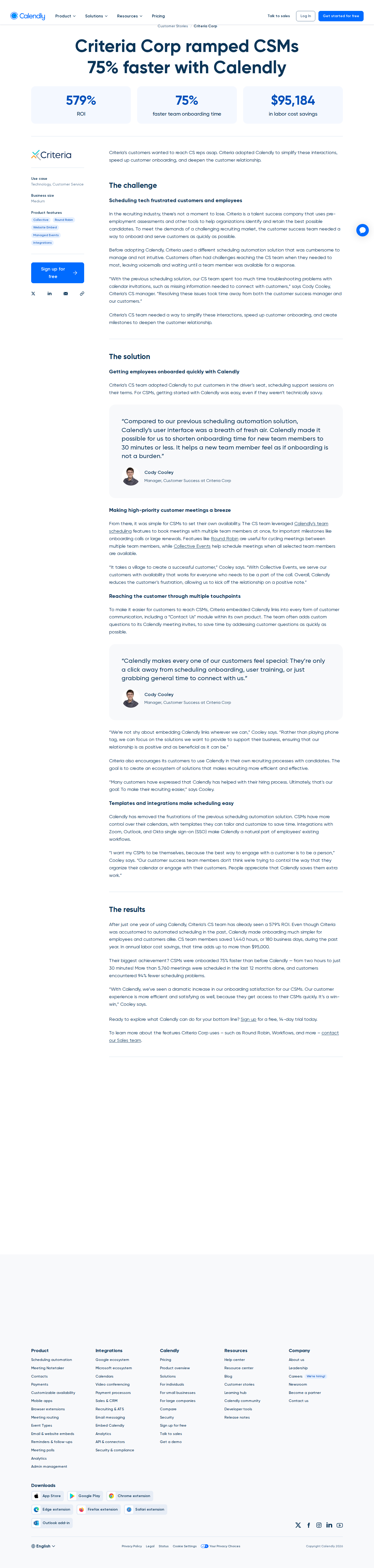 Full screenshot of Calendly x Criteria Corp, replacing a broken scheduling tool unlocks 579% ROI