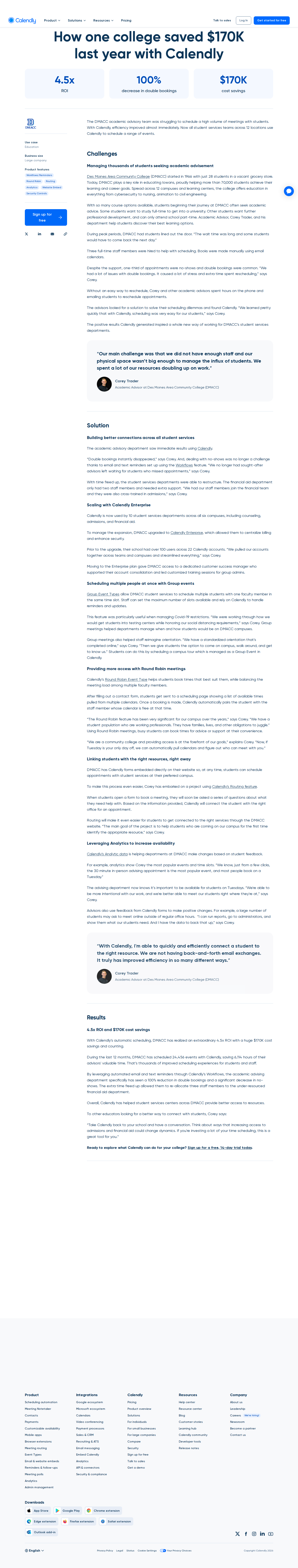 Full screenshot of Calendly x DMACC, $170K saved by automating student scheduling