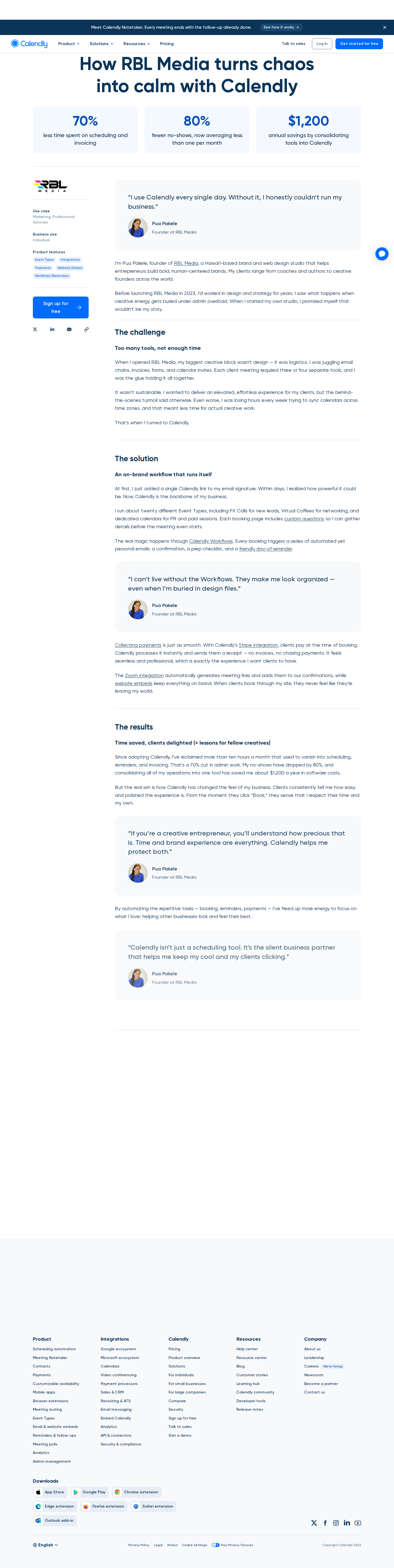 Full screenshot of Calendly x RBL Media, solopreneur cuts admin time 70% at launch
