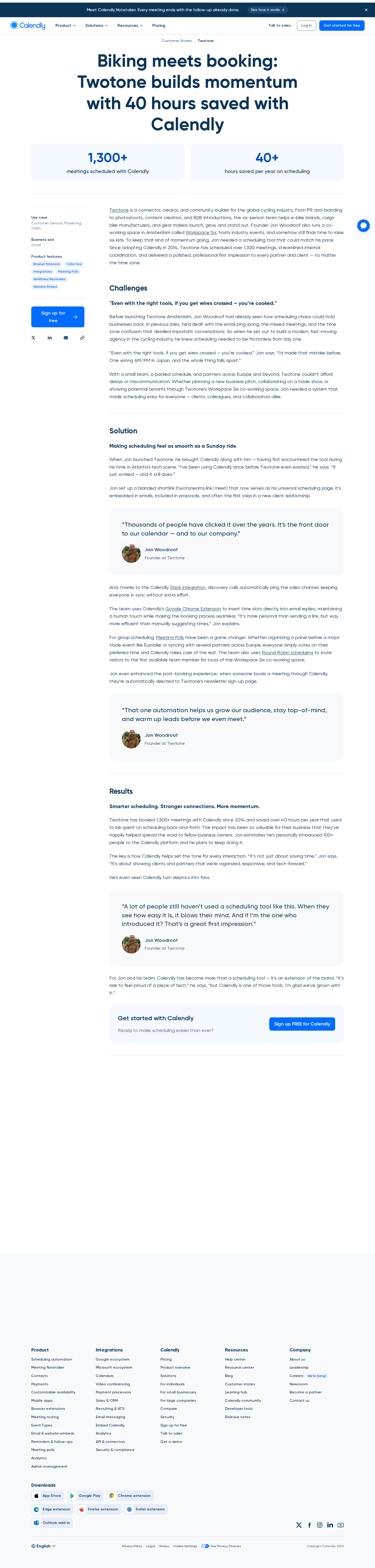 Full screenshot of Calendly x Twotone, 40 hours saved on scheduling for a six-person cycling agency