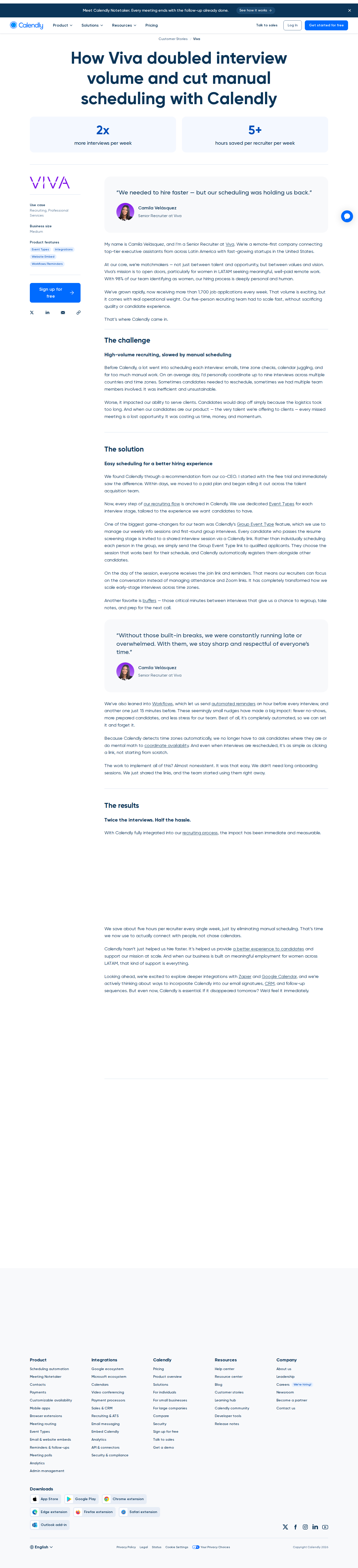 Full screenshot of Calendly x Viva, doubled interview volume without adding headcount