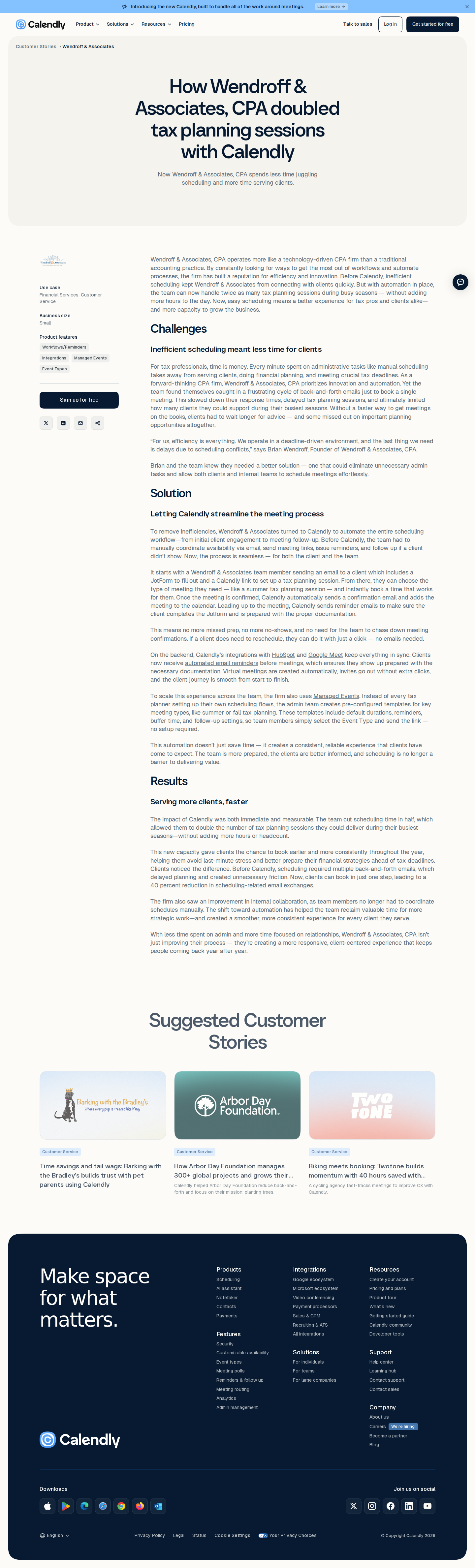 Screenshot of Calendly x Wendroff & Associates, CPA: doubled tax planning sessions without added headcount
