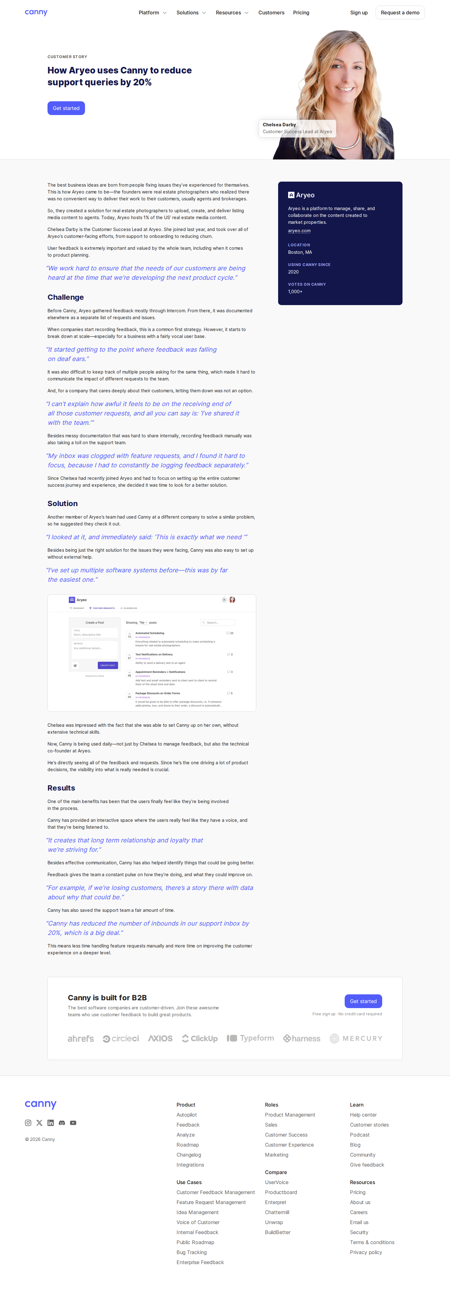 Screenshot of Canny x Aryeo, 20% fewer support queries through structured feedback