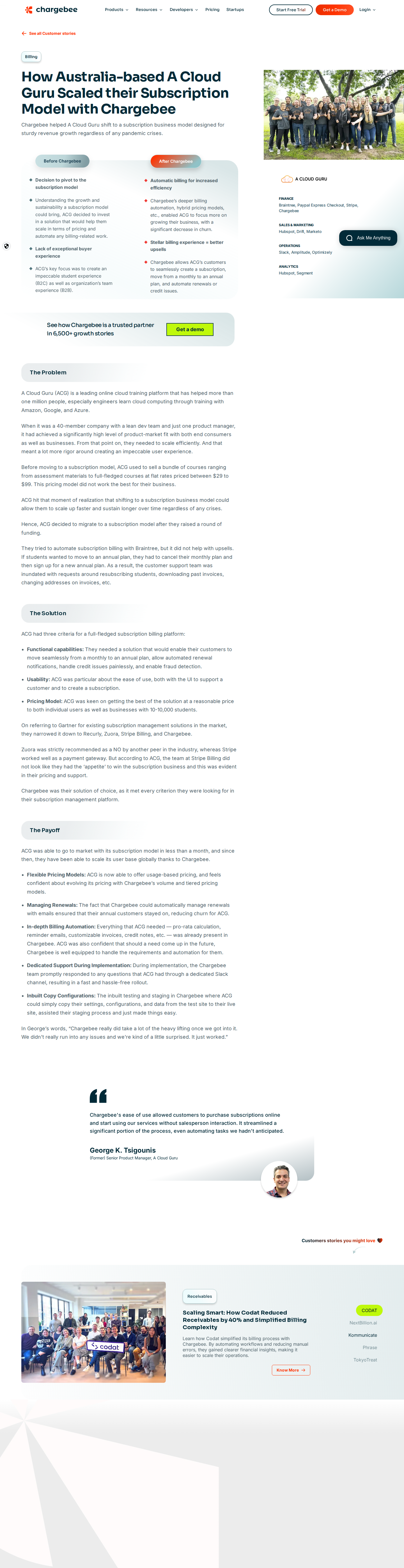 Screenshot of Chargebee x A Cloud Guru, subscription pivot in under a month