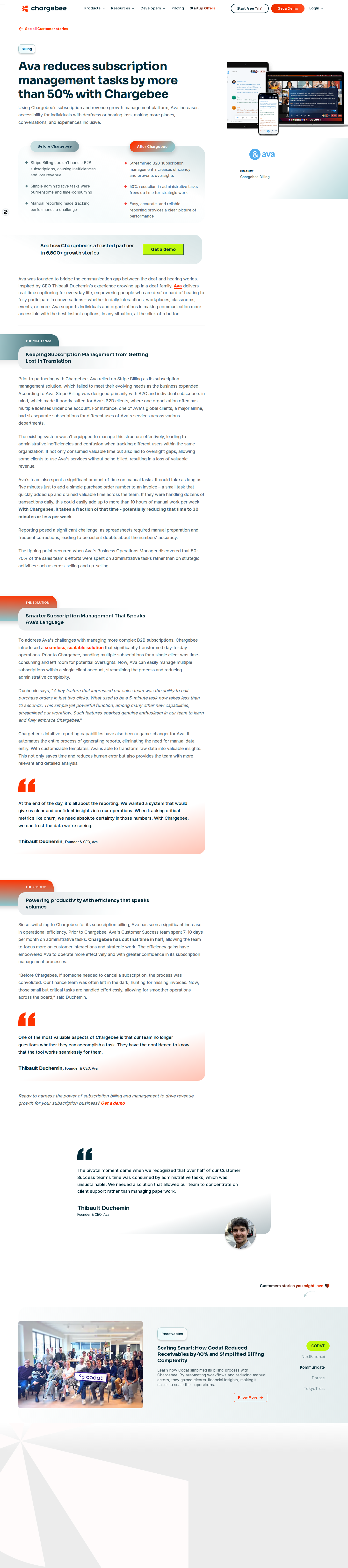 Full screenshot of Chargebee x Ava, cutting admin time in half to focus on accessibility growth