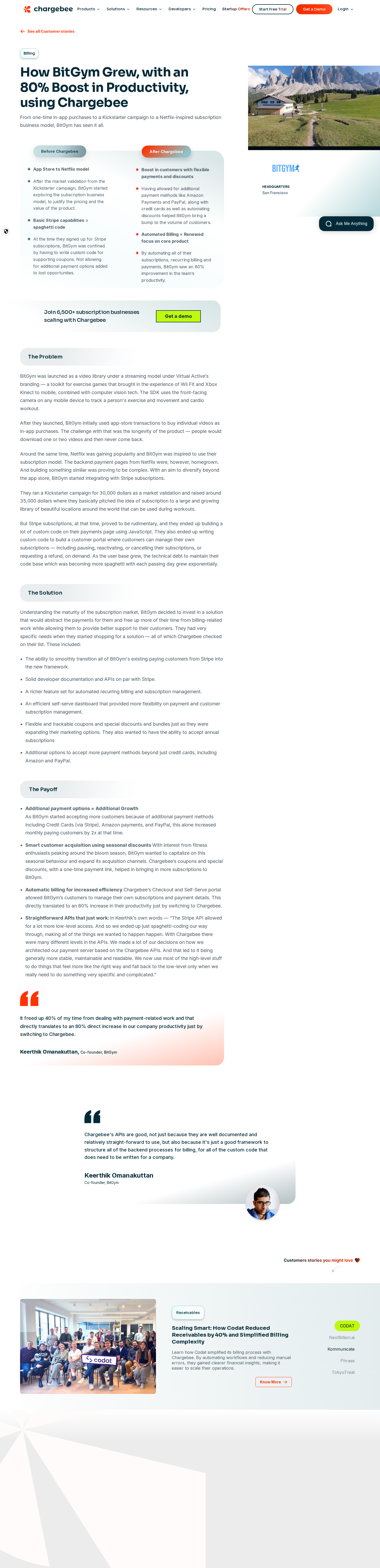 Full screenshot of Chargebee x BitGym, 80% productivity gain by escaping billing spaghetti