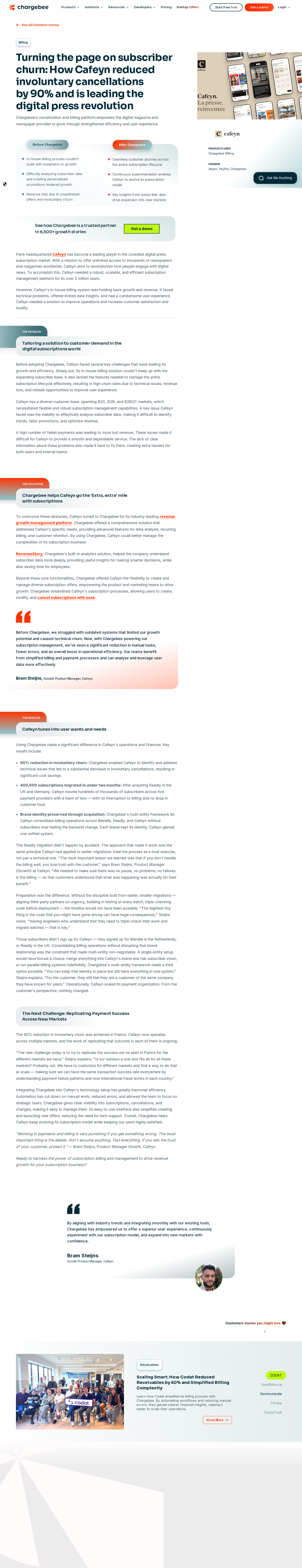 Screenshot of Chargebee x Cafeyn: 90% involuntary churn cut and 400k subscriptions migrated in two months