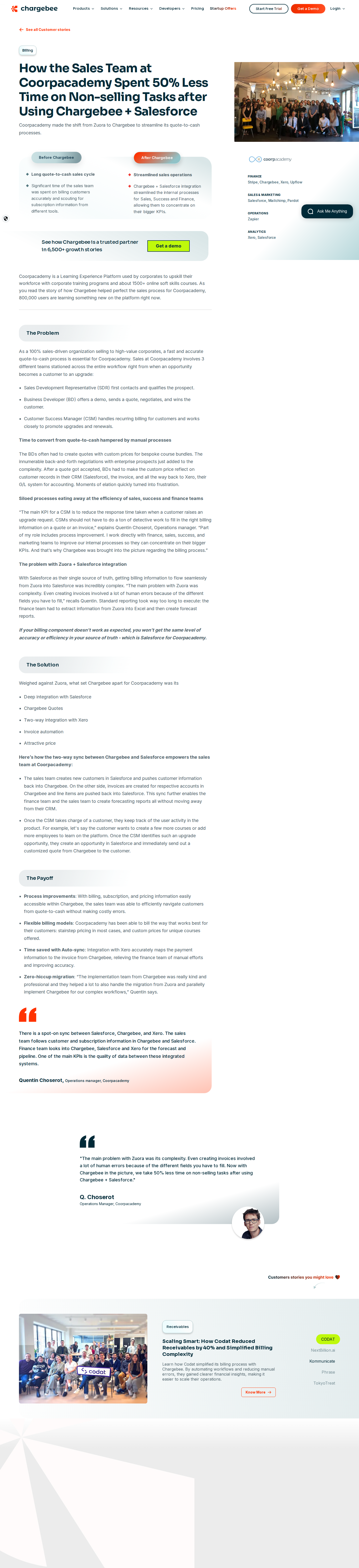 Screenshot of Chargebee x Coorpacademy, half the time lost to non-selling tasks