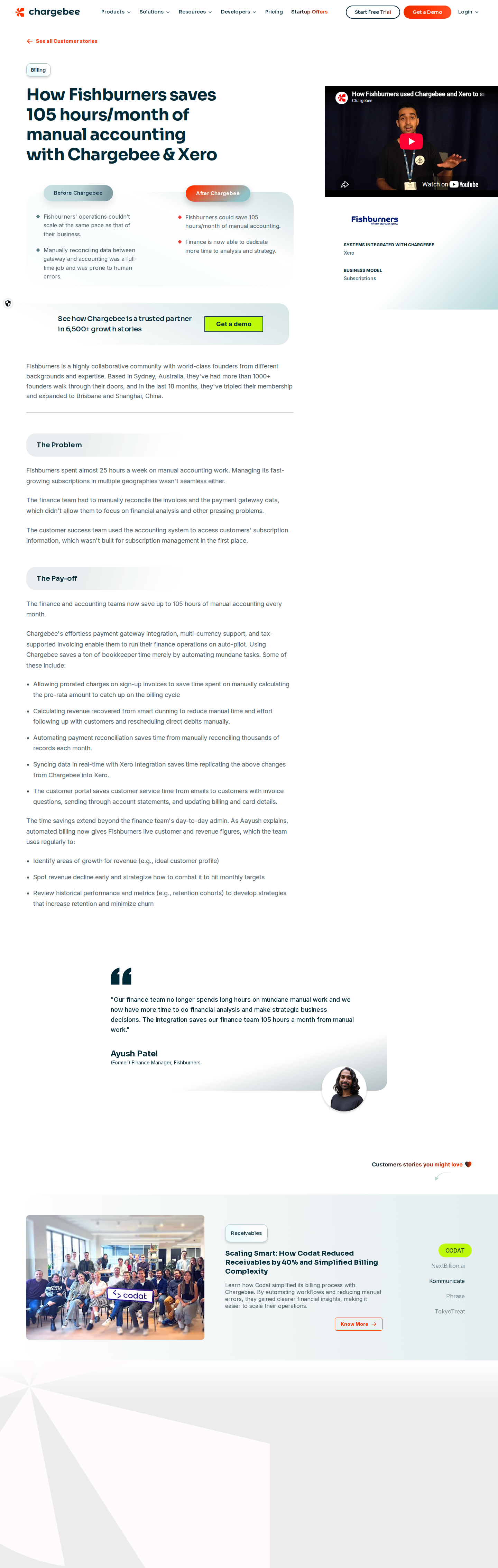 Screenshot of Chargebee x Fishburners: 105 hours a month clawed back from manual accounting