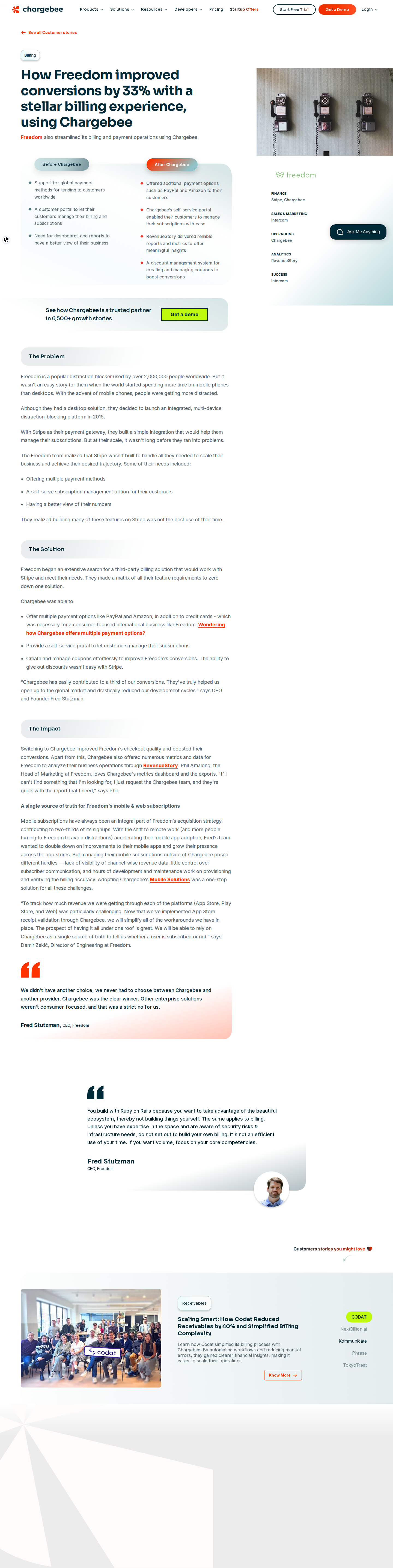 Screenshot of Chargebee x Freedom: 33% conversion lift by fixing billing