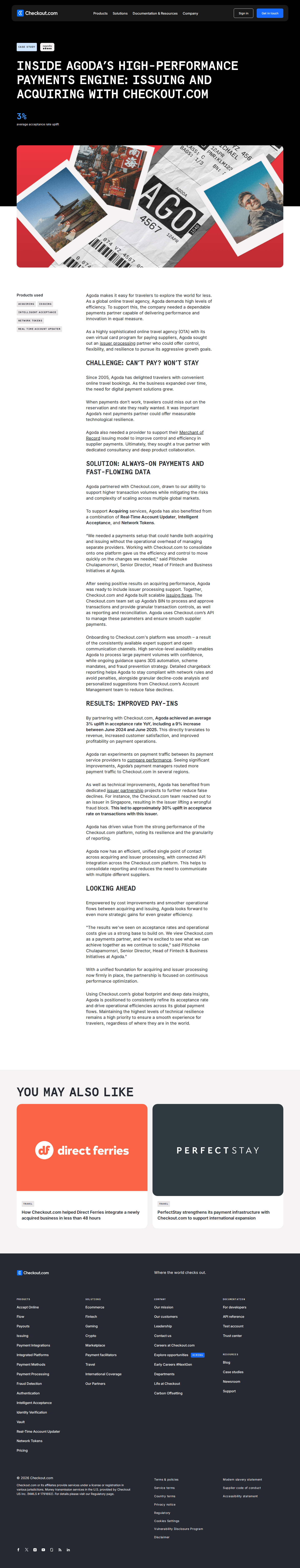 Screenshot of Checkout.com x Agoda, 3% acceptance rate uplift via unified acquiring and issuing