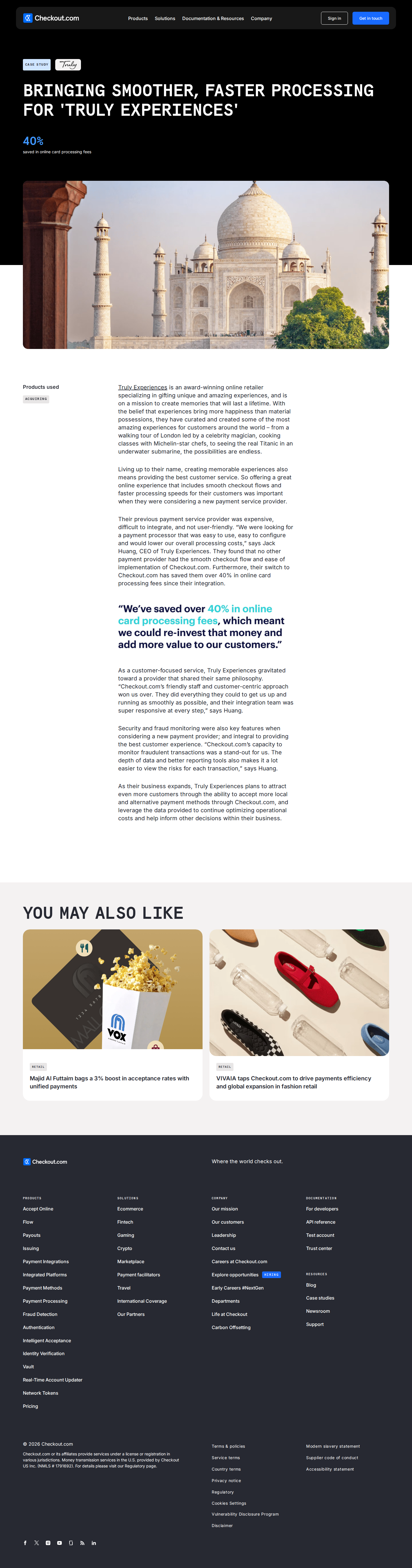 Screenshot of Checkout.com x Truly Experiences, 40% cut in card processing fees