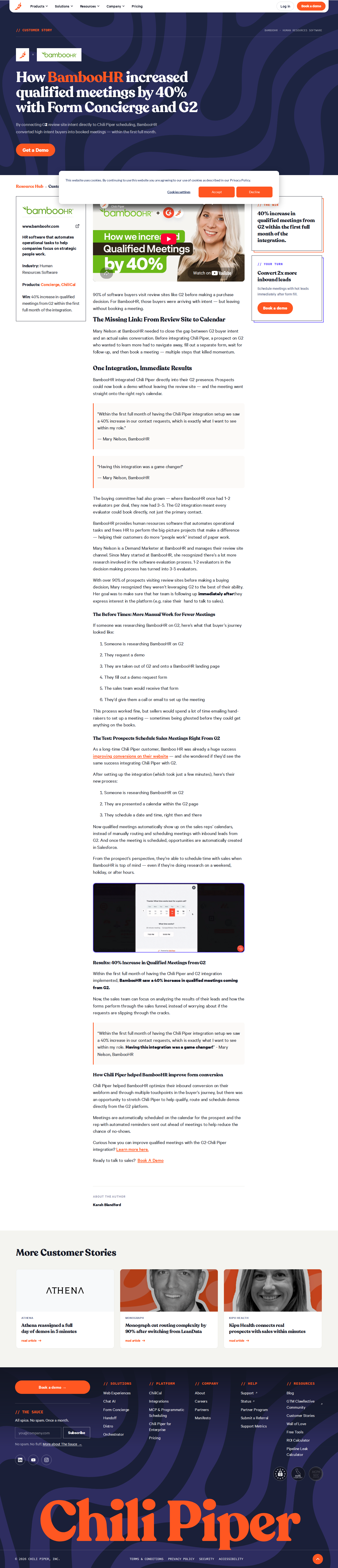 Screenshot of Chili Piper x BambooHR, 40% more qualified meetings from G2 in one month