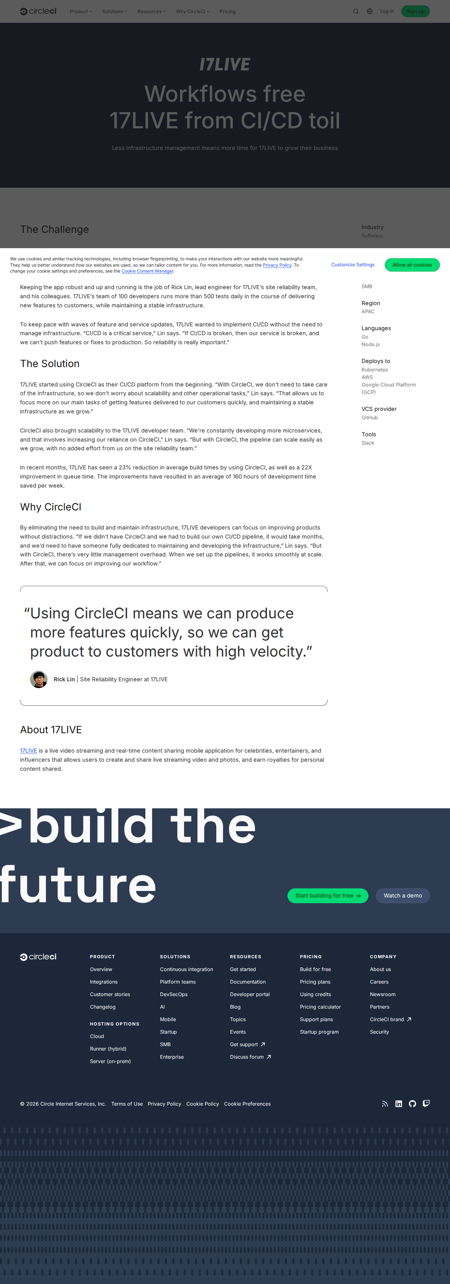 Screenshot of CircleCI x 17LIVE, 160 hours saved weekly by ditching CI/CD infrastructure management