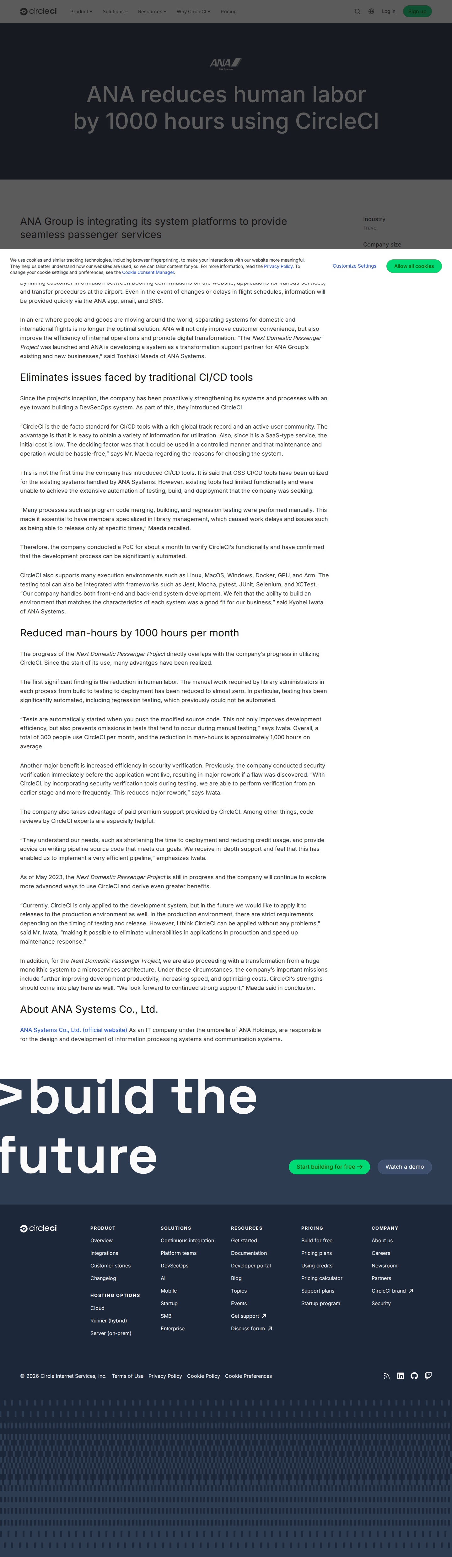 Screenshot of CircleCI x ANA Systems, 1,000 hours of manual work eliminated per month