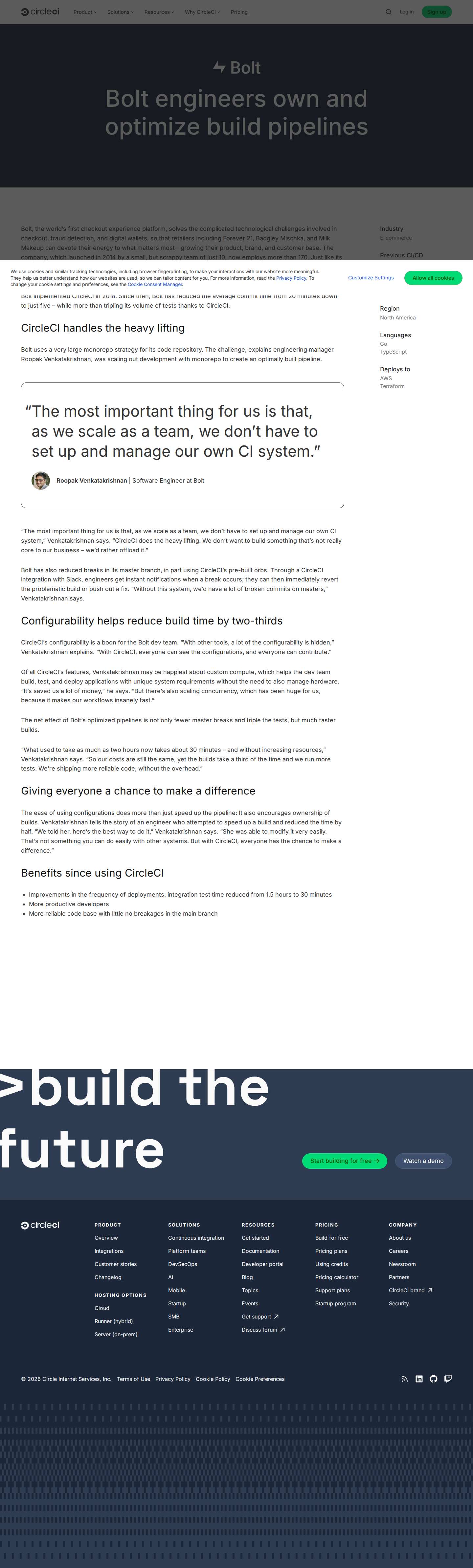Screenshot of CircleCI x Bolt, two-thirds faster builds without added cost
