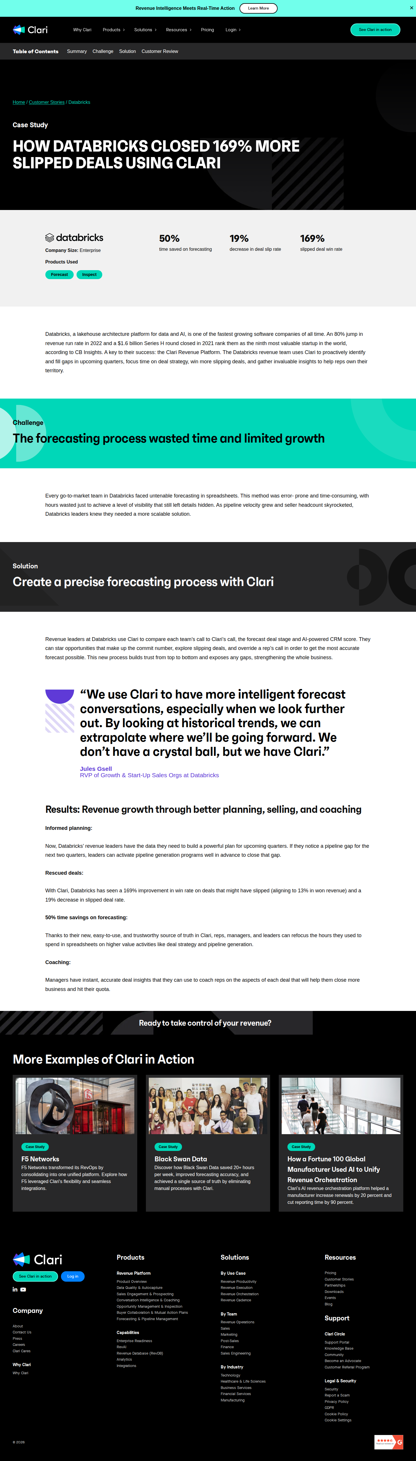 Screenshot of Clari x Databricks: 169% more slipped deals won