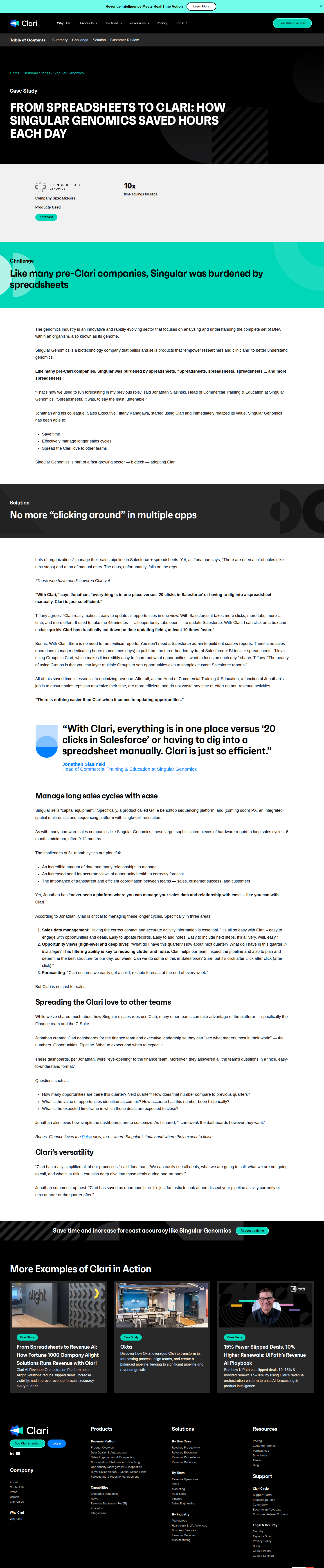 Screenshot of Clari x Singular Genomics, 10x faster pipeline updates by ditching spreadsheets