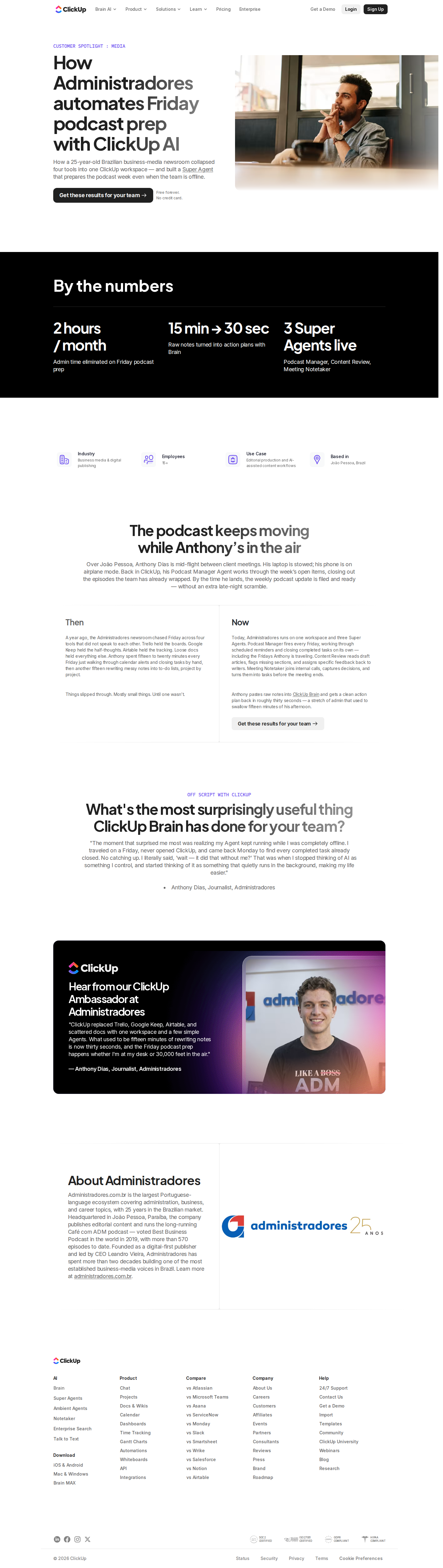 Screenshot of ClickUp x Administradores, podcast prep runs itself at 30,000 feet