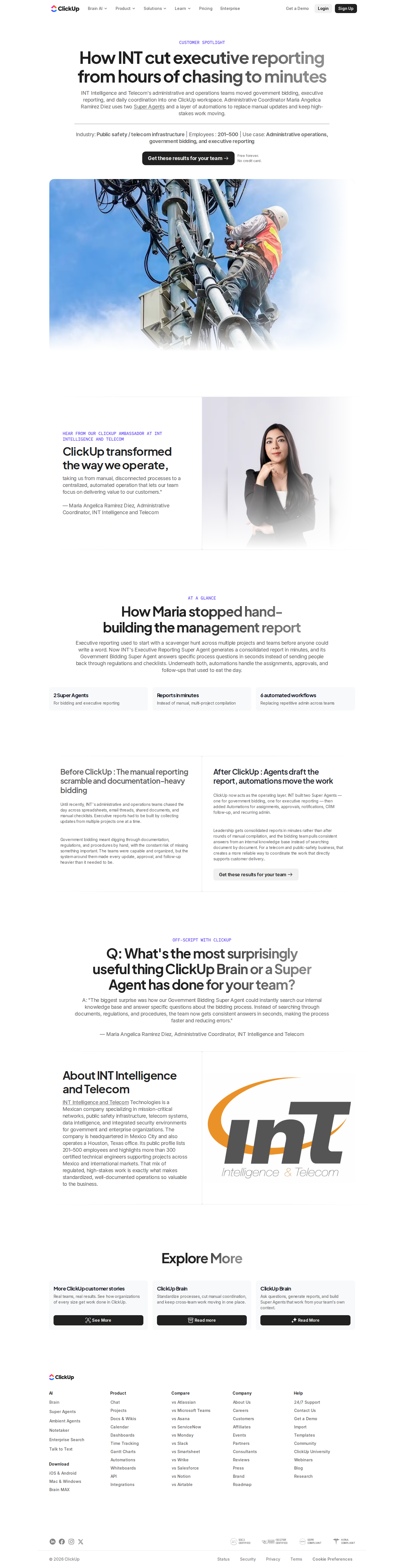 Full screenshot of ClickUp x INT Intelligence and Telecom, from reporting scramble to minutes