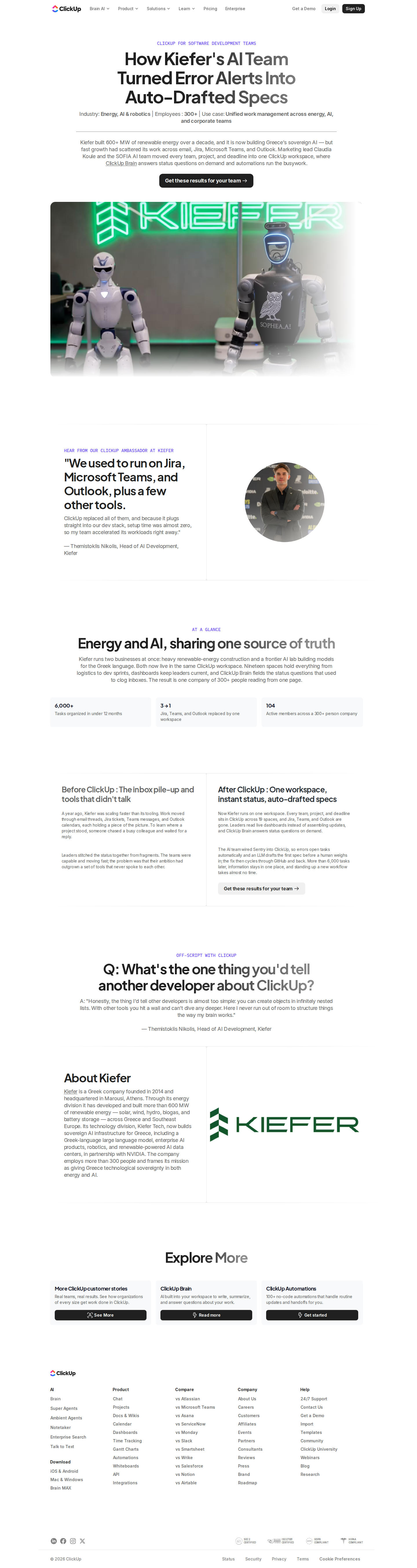 Full screenshot of ClickUp x Kiefer, from three-tool chaos to one AI-powered workspace